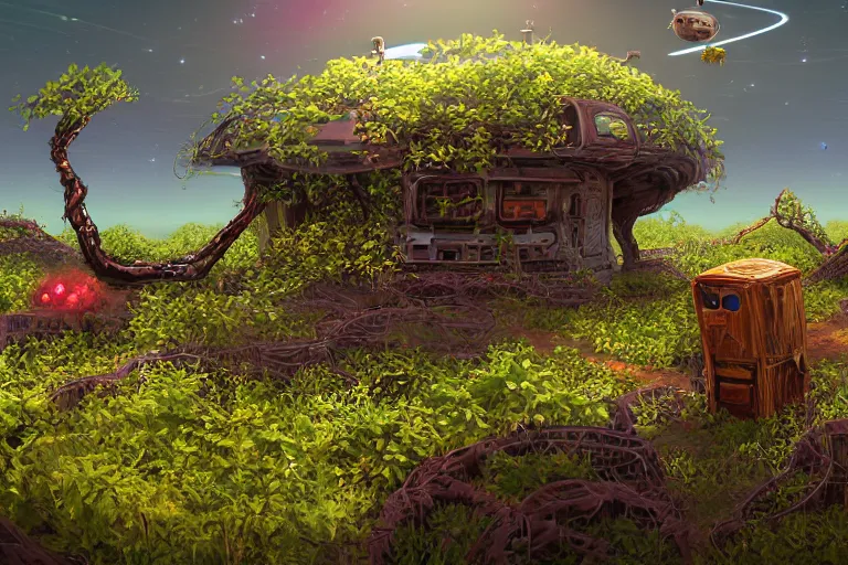 Image similar to computer game art, a small planet in the future, a Tinker's shack on a barren planet, wild berry vines, a berry farm, space junk, volcanoes
