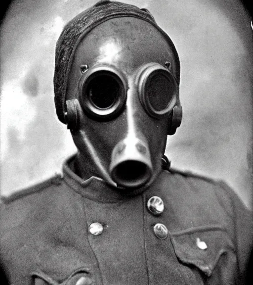 Prompt: person wearing scary gas mask, ww1 technicolor film photo, grainy, high detail, high resolution