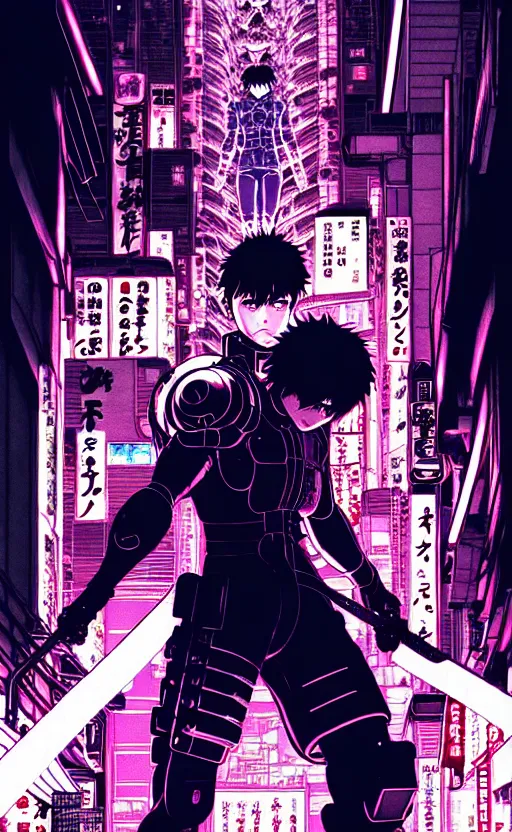 Image similar to an intricate detailed main cover of the manga, a strong male anime hero with two magical swords, in neo tokyo cyberpunk city with spirit sight, by Katsuhiro Otomo + Sui Ishida, in the anime Ghost In the Shell, trending on artstation + clean lines + lineart +clean edges