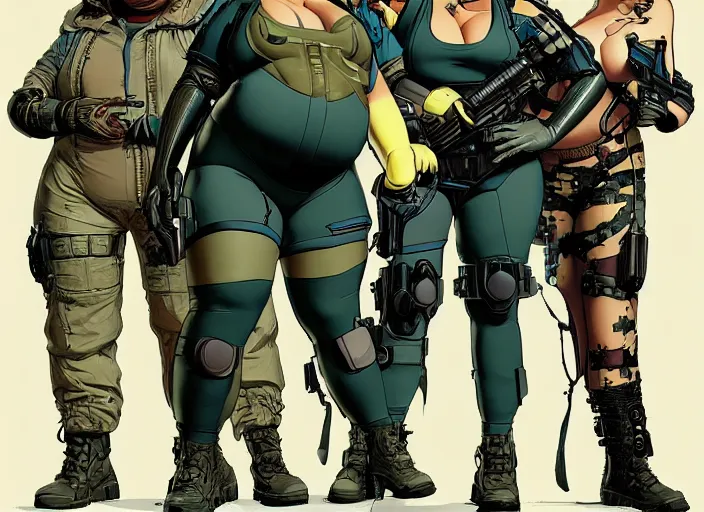 Image similar to overweight woman cyberpunk mercenary in tactical gear and jumpsuit. portrait by stonehouse and mœbius and will eisner and gil elvgren and pixar. fat pride poster. dystopian. cyberpunk 2 0 7 7, apex, blade runner 2 0 4 9 concept art. cel shading. attractive face. thick lines.