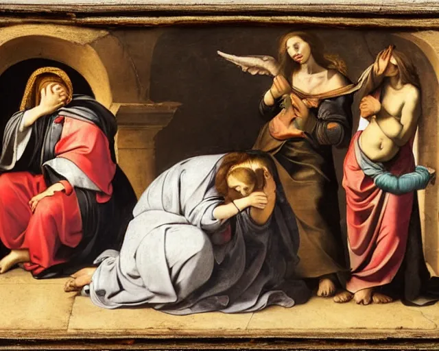 Image similar to 1 7 th century painting of 3 women mourning at the tomb of jesus, fibonacci, 2 angels pointing to the tomb, dramatic light, caravaggio, rubens