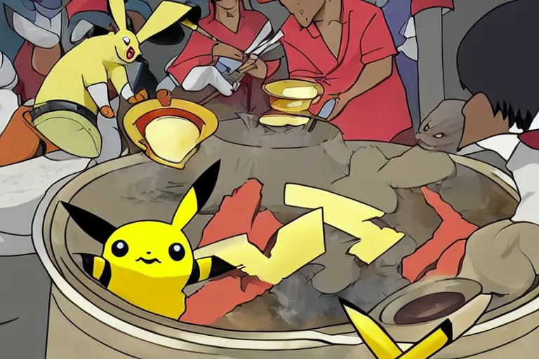 Prompt: pikachu getting cooked in a pot by african tribesmen, anime style