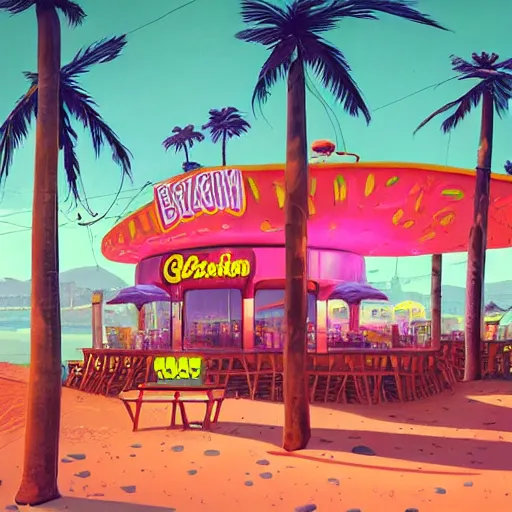 Image similar to inside psychedelic beachfront fast food restaurant with palm trees by simon stalenhag