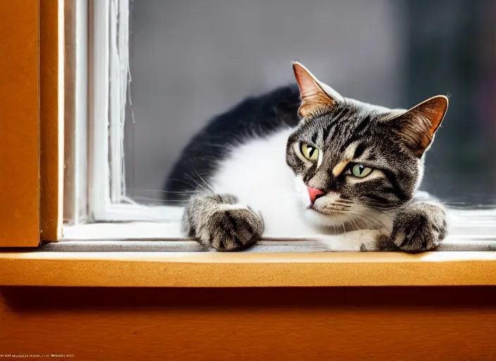 Image similar to photography of a Cat . watching outside the window. on a bed. in a 70's room full of vinyls and posters, photorealistic, award winning photo, 100mm, sharp, high res