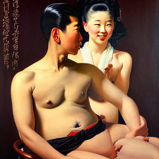 Prompt: Beautiful painting of a masculine young Asian male, pregnancy, round belly, pinup poster by J.C Leyendecker and Norman Rockwell