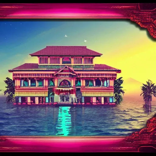 Image similar to ancient palace viewed from the sea, epic retrowave art, trending on art station