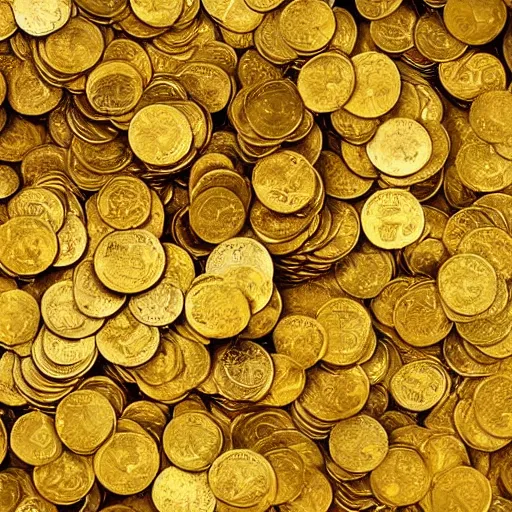 Prompt: millions of gold coins in a pile on top of a faraway hill