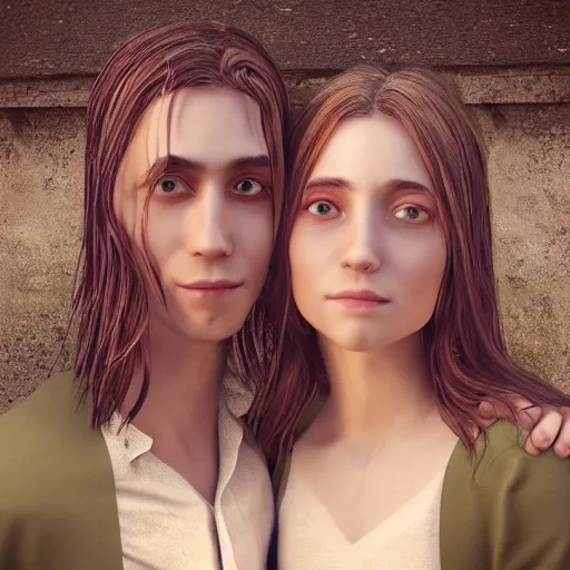 Image similar to perfectly centered symmetrical split male and female portrait of man and woman in love sharing one heart ; 3 d render by lilia alvarado, photorealistic, highly detailed ; octane ; unreal engine ; trending on artstation