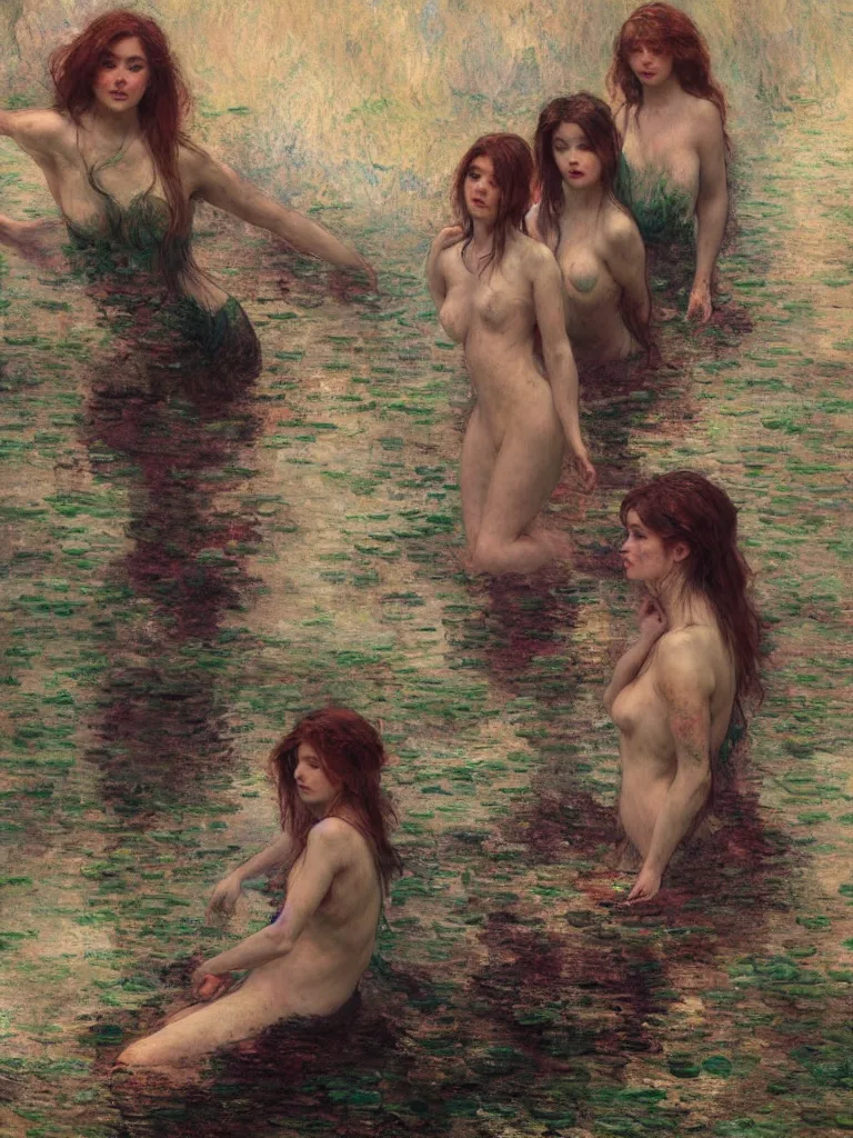 Image similar to illustration studio portrait of three dark beautiful woman bodies mermaids female energy in artistic poses in the river at the forest, monet painterly motives and textures pattern, hyper detailed, octane render, vivid colors, artstation, by jeremy mann, by alphonse mucha, by monet