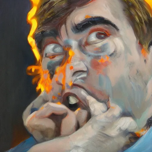 Image similar to portrait of john candy crying in the metaverse, fire and pain, oil on canvas by william sydney mount, trending on artstation