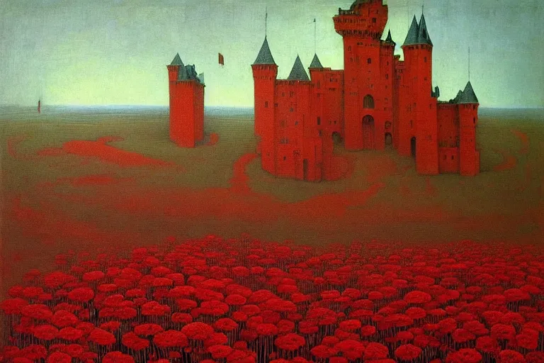 Image similar to only with red, red flowers of different types, a red tiger, a castle in the background, medieval demons dance over the flowers, an ancient path, in the style of beksinski, part by hopper, part by rodcenko, part by hofbauer, intricate composition, red by caravaggio, insanely quality, highly detailed, masterpiece, red light, artstation