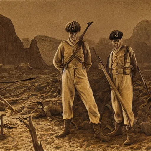 Image similar to ultra detailed photorealistic sepia - toned painting from 1 9 1 7, three british soldiers standing at an archaeological dig site in wadi rum, ultra realistic, painted, intricate details, lovecraft, atmospheric, dark, horror, brooding, highly detailed, by boris vallejo