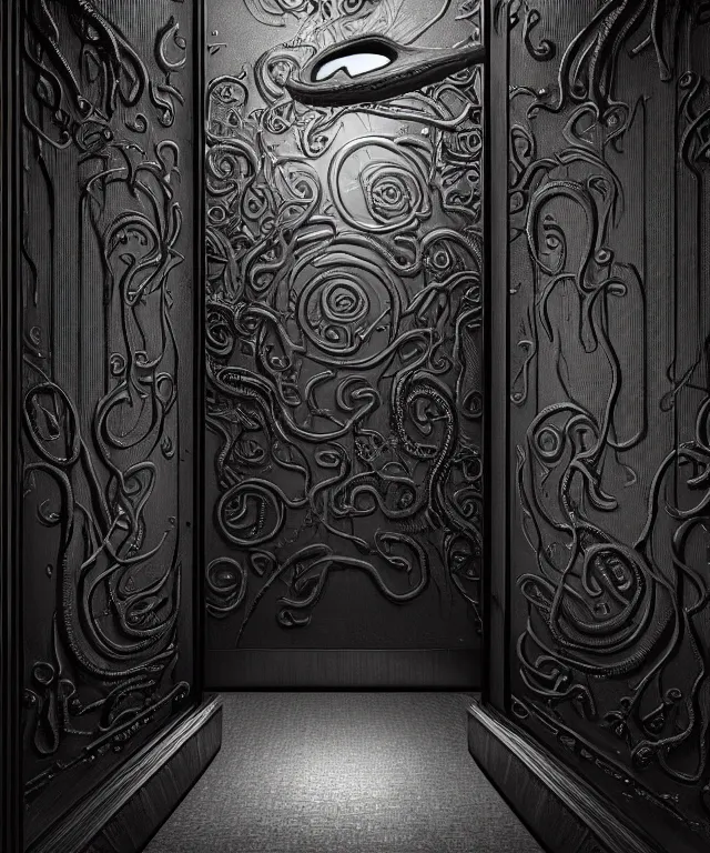 Prompt: horrifying photorealistic image of a 1 9 2 5 hotel elevator lobby, elevator doors look like a mouth, with a tentacle - shaped tongue, licking out, dark, atmospheric, brooding, smooth, finely detailed, cinematic, epic, lovecraft, in the style of lee gibbons