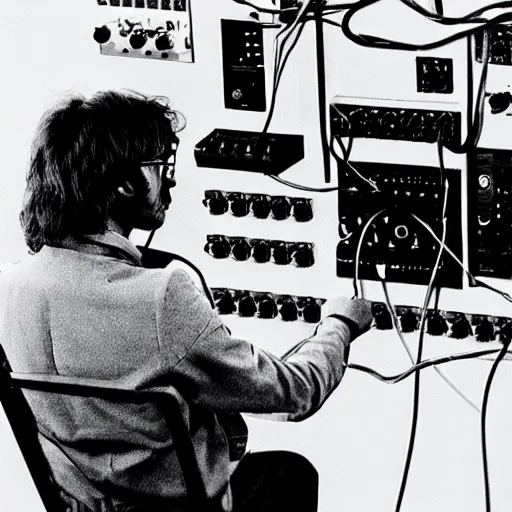 Prompt: photograph of john lennon playing modular synth with lots of wires, portrait, ultra realism, 8 k