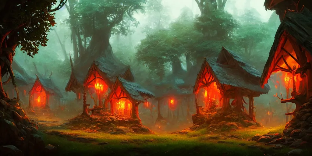 Image similar to Small elven village in deep lush forest with red lamp posts and wooden huts. In style of Greg Rutkowski, Jesper Ejsing, Makoto Shinkai, trending on ArtStation, fantasy, great composition, concept art, highly detailed, scenery, 8K, Behance.