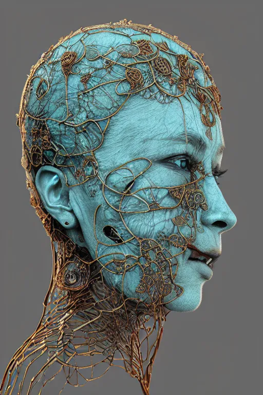 Prompt: complex 3d render ultra detailed of a beautiful dirty porcelain old woman face, rusty biomechanical cyborg, analog, 150 mm lens, beautiful natural soft rim light, big leaves and stems, roots, fine foliage lace, turquoise gold details, Alexander Mcqueen high fashion haute couture, art nouveau fashion embroidered, intricate details, mesh wire, mandelbrot fractal, anatomical, facial muscles, cable wires, elegant, hyper realistic, in front of dark flower pattern wallpaper, ultra detailed, octane render, volumetric lighting, 8k post-production