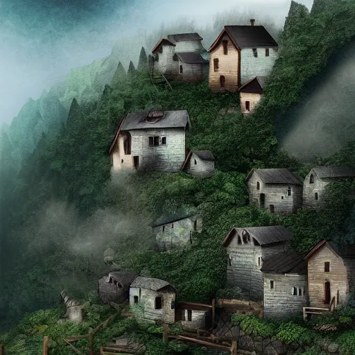 Prompt: village on a steep cliff peak, wide angle, fog layer, foliage, digital art