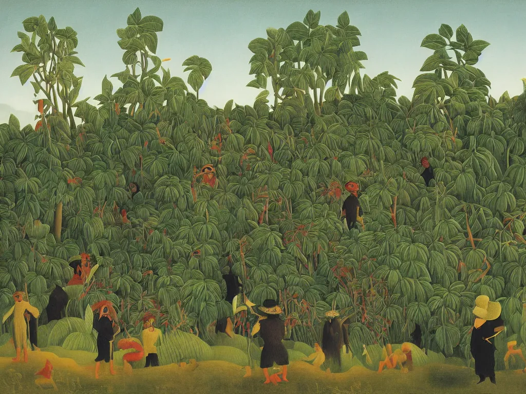 Image similar to Painting by Henri Rousseau depicting people wearing wild, tribal masks in an Icelandic sublime landscape.