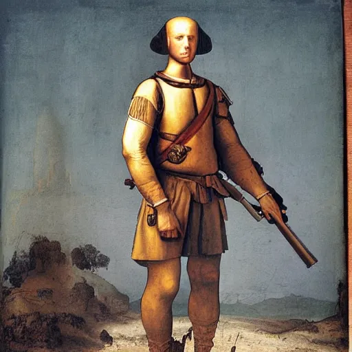 Prompt: Painting of modern American soldier, by Leonardo da Vinci