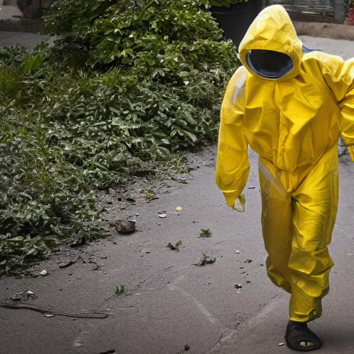 Prompt: a photo of a boy wearing a hazmat suit, on his back is a small plant encased in a clear glass backpack, walking away from the camera, smoke in the background, filthy streets, broken cars. Vines growing. Jpeg artifacts. Full-color photo. Color color color color color. Award-winning photo. OM system 12–40mm PRO II 40mm, 1/100 sec, f/2 8, ISO 800