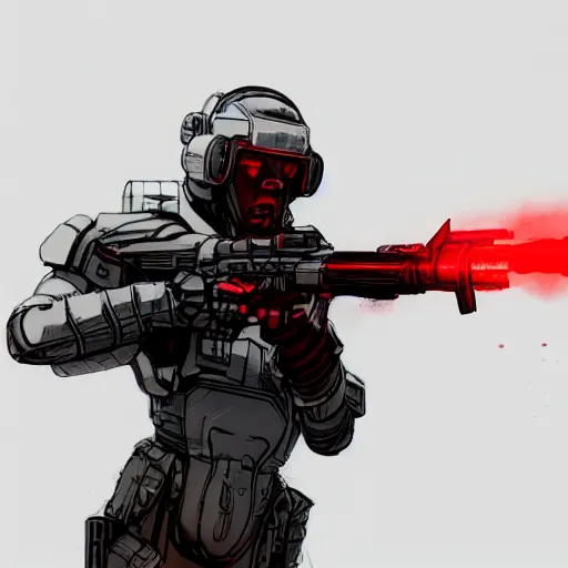 Image similar to close up of evil futuristic dystopian regime soldier, plasma gun, blonde hair, fox ears on hair, human, female, concept design, contrast, hot toys, kim jung gi, greg rutkowski, zabrocki, karlkka, jayison devadas, trending on artstation, 8 k, ultra wide angle, pincushion lens effect, red and black color scheme