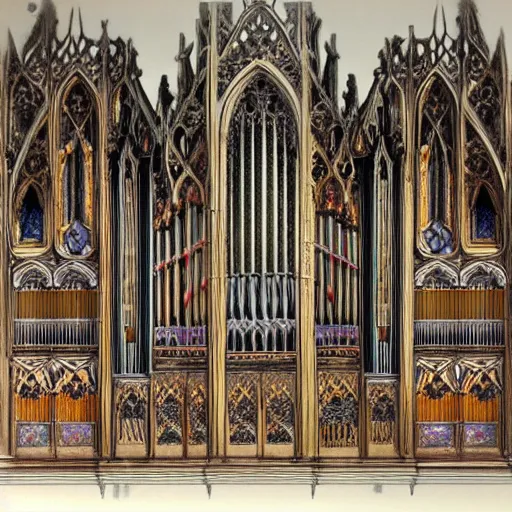 Prompt: ornate gothic organ console, designed by alan lee and john howe, detailed color concept art sketch