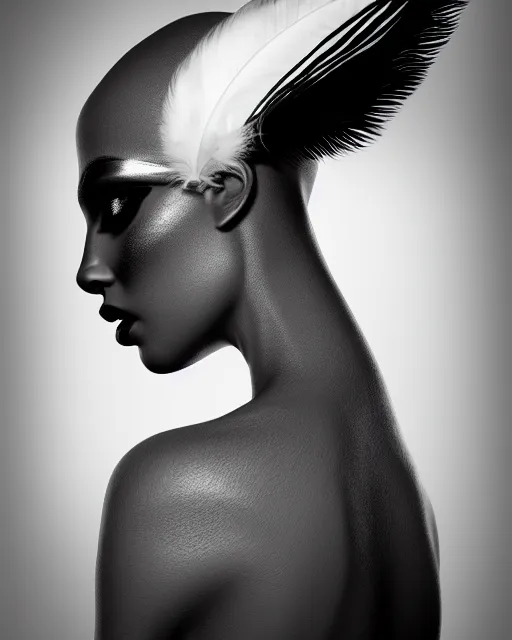 Image similar to surreal mythical dreamy dark artistic black and white fine art 3 / 4 portrait photo of a young delicate mutant female - cyborg - vegetal - orchid - bird with long pale feather hair, rim light, cinematic, studio dramatic light, poetic, octane render, 8 k, photo - realistic
