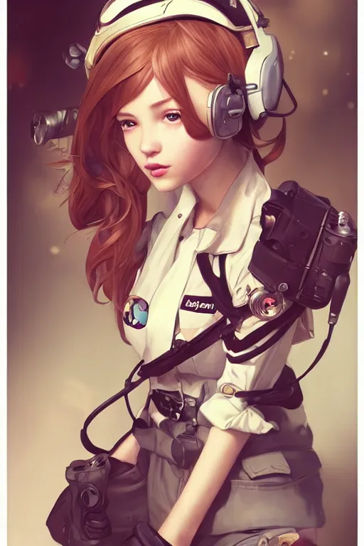 Image similar to a cute and beautiful caucasian girl dressed up as pilot, character art by artgerm lau, kyoung hwan kim, ilya kuvshinov, alphonse mucha, trending on artstation, pixiv, 8 k, hyper detailed