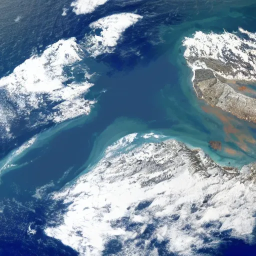 Prompt: aerial photo by nasa of the british isles in the middle of a pacific ocean