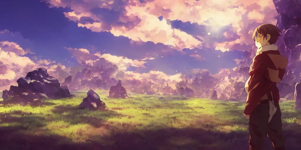 Image similar to isekai masterpiece anime man standing tree log looking up at giant crystals, high noon, cinematic, very warm colors, intense shadows, ominous clouds, anime illustration, anime screenshot composite background