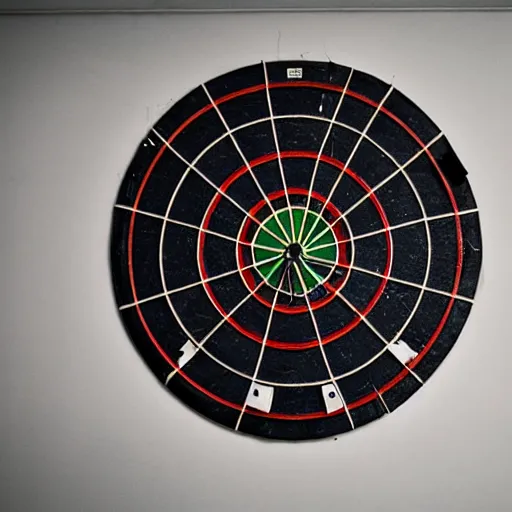 Image similar to a dartboard, in an abandoned room