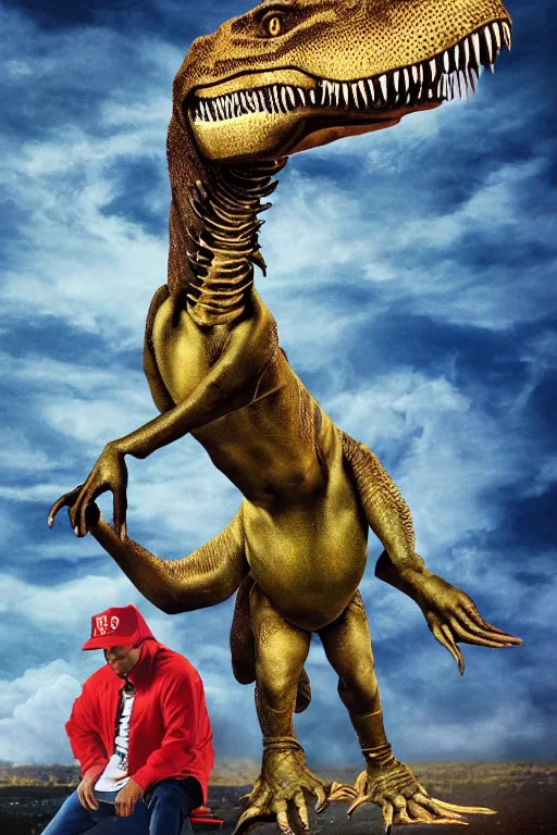 Image similar to Tone mapped Snoop Dogg and Donald Trump riding a T-Rex and smoking a blunt