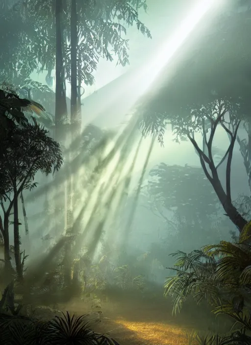 Image similar to jungle with sunrays piercing foliage and fog at dusk, realistic, ultra detailed, artstation