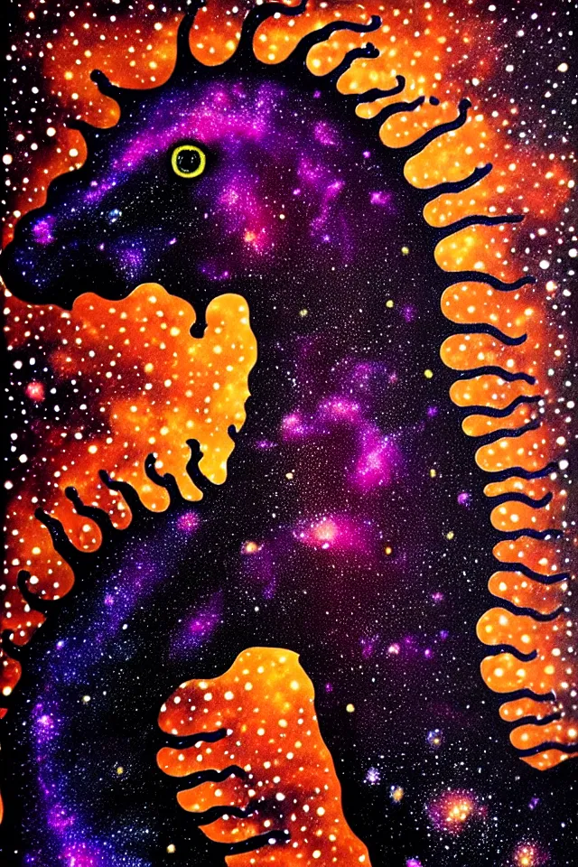 Image similar to a close up portrait of a purple ornate seahorse head statue, orange eyes, black paper, galaxy, nebula, billions of details, beautiful intricate painting by kokaris