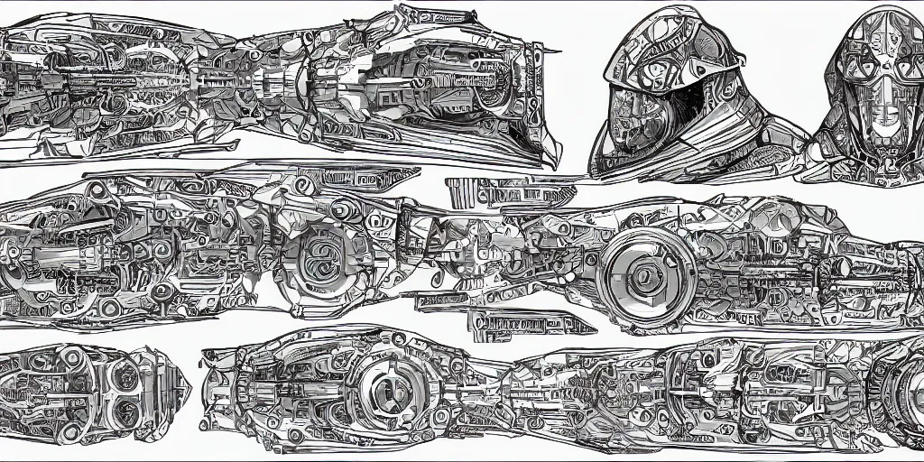 Image similar to highly detailed character sheet drawing, side view, sf interstellar travel drive designs, intricate and stylized spaceship designs