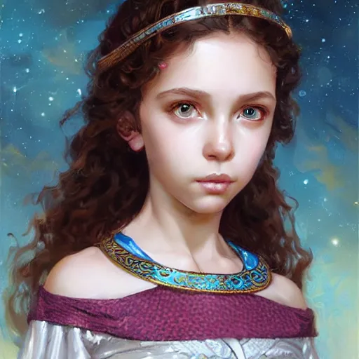 Prompt: a little girl with short wavy curly light brown hair and blue eyes, a space empress in byzantine style. beautiful highly detailed face, painting by ilya kuvshinov and artgerm and greg rutkowski.