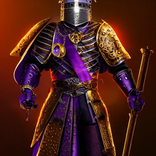 Image similar to a highly detailed knight with glowing purple eyes in a T golden helmet and a golden crown with a blue diamond in the center, golden armor, leather clothes under the armor, leather gloves, holds a black sword, artstation, DeviantArt, professional, octane render, sunset lighting