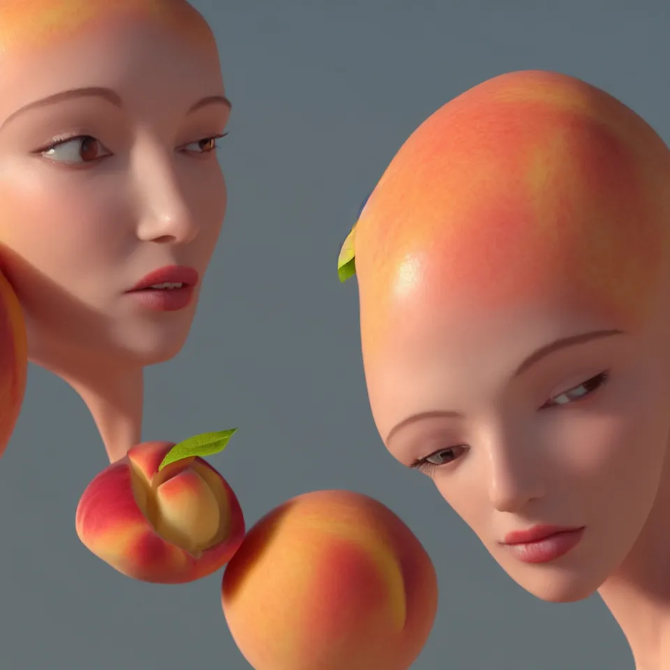 Prompt: An elegant juicy peach with a female human-like!!! body, if was made of pale human skin. Close-up, fairy fruit. Octane Render, Trending on artstation. Bokeh.