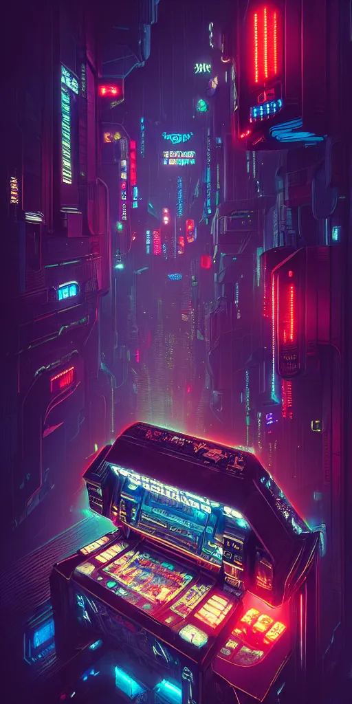 Image similar to epic cyberpunk arcade city : : blade runner, james guilleard, beeple, laurie greasley, dan mcpharlin : : ornate, dynamic, particulate, rich colors, intricate, elegant, highly detailed, centered, artstation, smooth, sharp focus, octane render, 3 d