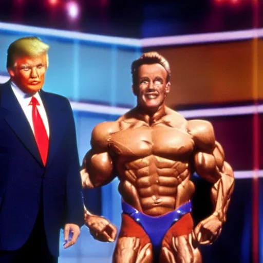 Prompt: movie still of donald trump as the gameshow host in arnold schwarzenegger's movie the running man. film quality