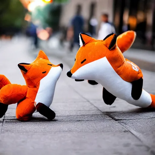 Prompt: Two fox plushies playfully wrestling on the sidewalk, dynamic, award winning photography