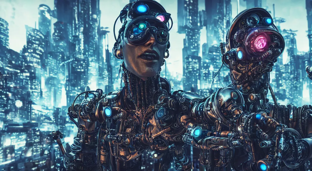 Image similar to Fish eye lens way too close to the cyborg man's face, cyberpunk background with steampunk vehicles. Cinematic, Award winning, ultra high resolution, intricate details, rendered with unreal engine, UHD 8K