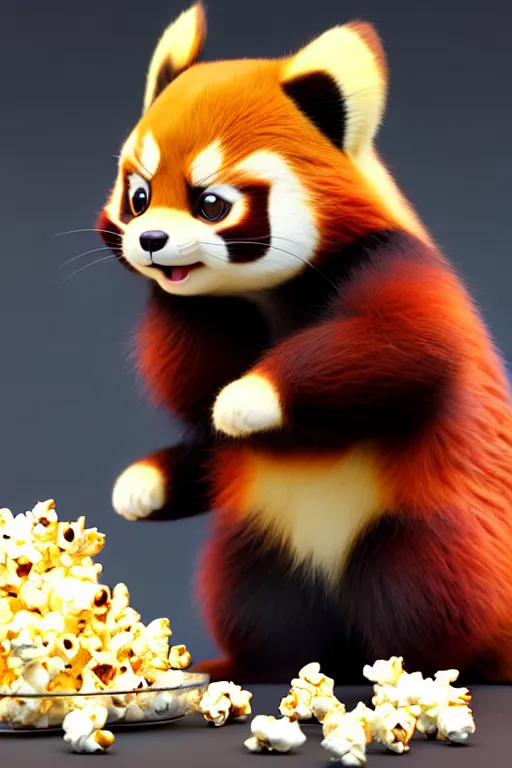 Image similar to high quality 3 d render hyperrealist very cute happy red panda & cat hybrid stuffing face with popcorn, vray smooth, in the style of detective pikachu, very dramatic light, low angle, uhd 8 k, shallow depth or field