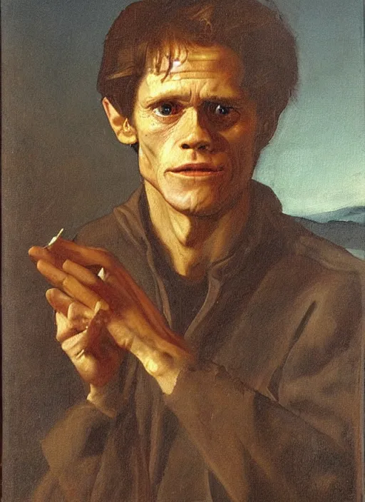 Image similar to portrait painting of young willem dafoe, renaissance oil painting, studious chiaroscuro