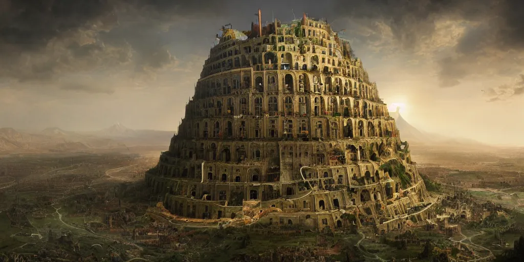 Prompt: Bruegels The Tower of Babel, solarpunk city, atmospheric lighting, hyperrealistic, realistic, photorealistic, dynamic lighting, highly detailed, cinematic landscape, studio landscape, studio lighting by Romain Jouandeau