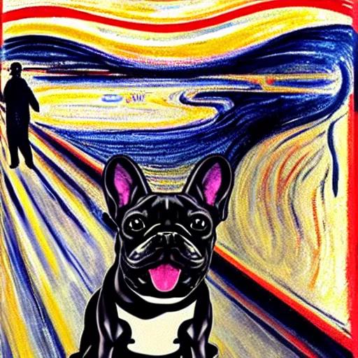 Image similar to french bulldog as the scream by edvard munch