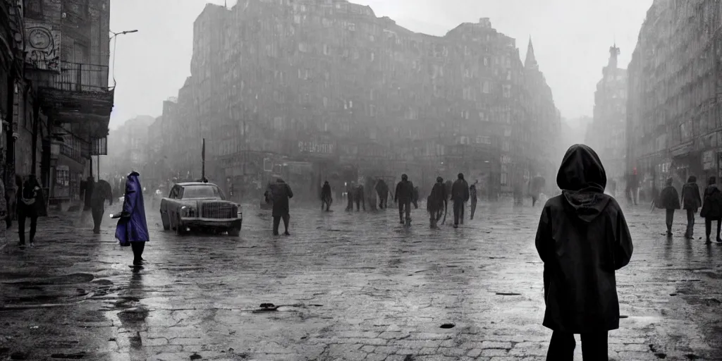 Image similar to medium shot | sadie sink in hoodie | lonely market stall selling umbrellas | in ruined square, pedestrians on both sides | steampunk tenement windows in background : 3 5 mm film, anamorphic, from schindler's list by steven spielberg. cyberpunk, cinematic atmosphere, detailed and intricate, perfect anatomy