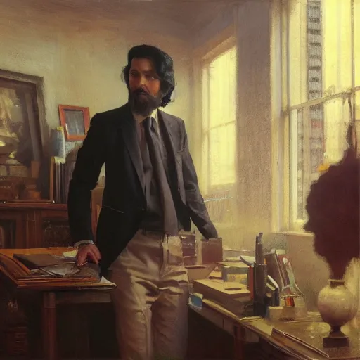 Image similar to detailed cinematic wide shot of sucession atractive man black hair black suit smooth, sharp focus, ultra realistic, in corporate office spring light, painting by gaston bussiere, craig mullins, j. c. leyendecker