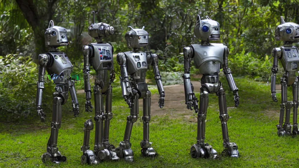 Image similar to film still from the movie chappie of the robot chappie shiny metal outdoor park plants garden scene bokeh depth of field several figures furry anthro anthropomorphic stylized cat ears head android service droid robot machine fursona