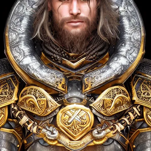 Prompt: portrait art of 8k viking with incredible armor, detailed intricate ornate magical armor made of obsidian and gold, organic, full of colour, cinematic lighting, battered, trending on artstation, 4k, hyperrealistic, focused, extreme details, unreal engine 5, cinematic, masterpiece, art by ayami kojima